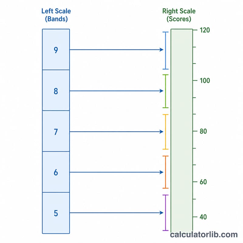 Diagram mapping IELTS band scores to TOEFL iBT score ranges with connecting arrows