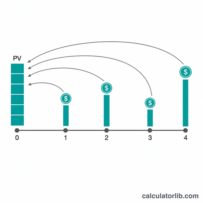 Timeline showing different cash flow amounts at each future period discounted back to present value