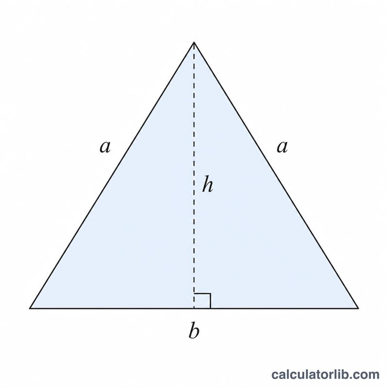 Isosceles triangle with two equal legs labeled a, base labeled b, and height h dropped to the base midpoint