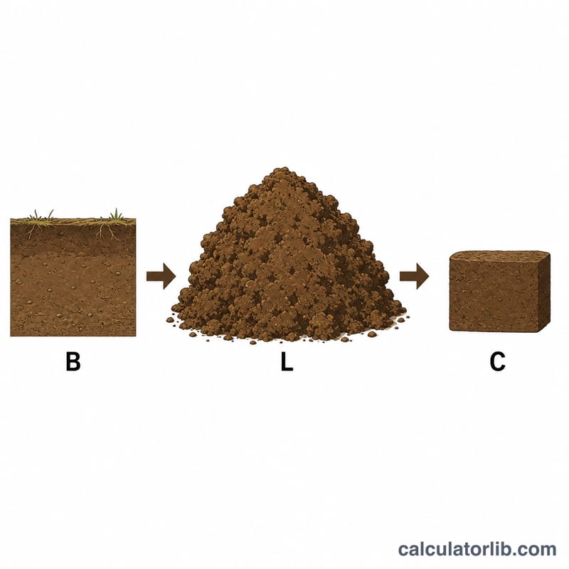 Diagram showing the same soil in three states: bank, loose and compacted, with relative volume sizes