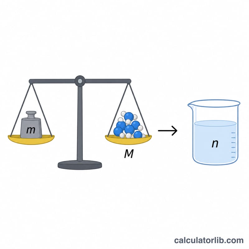 Diagram showing mass divided by molar mass equals moles