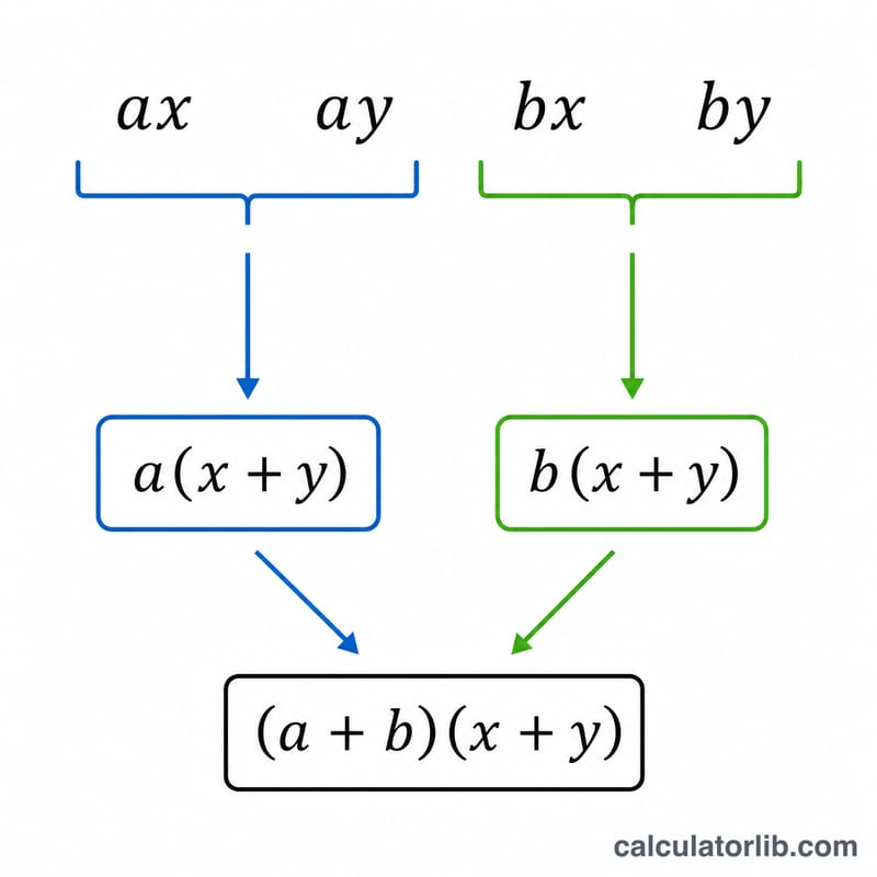 Diagram showing four-term expression grouped into two pairs and factored into a product of two binomials