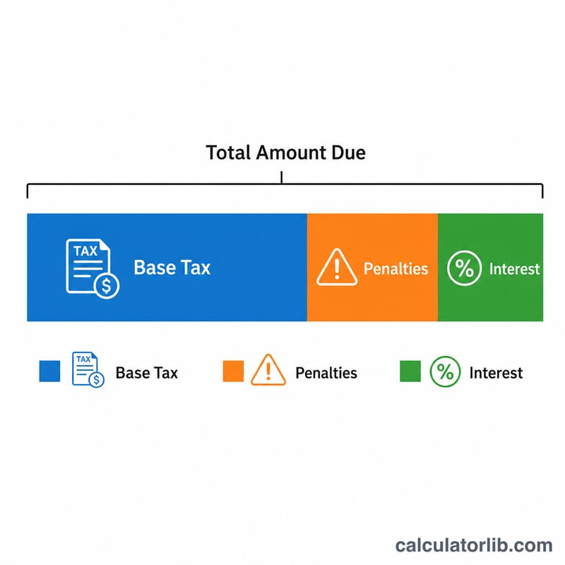 Stacked bar showing tax plus penalties plus interest equals total due