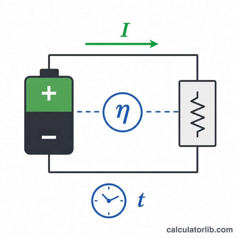 Diagram of battery powering a load over time with efficiency factor