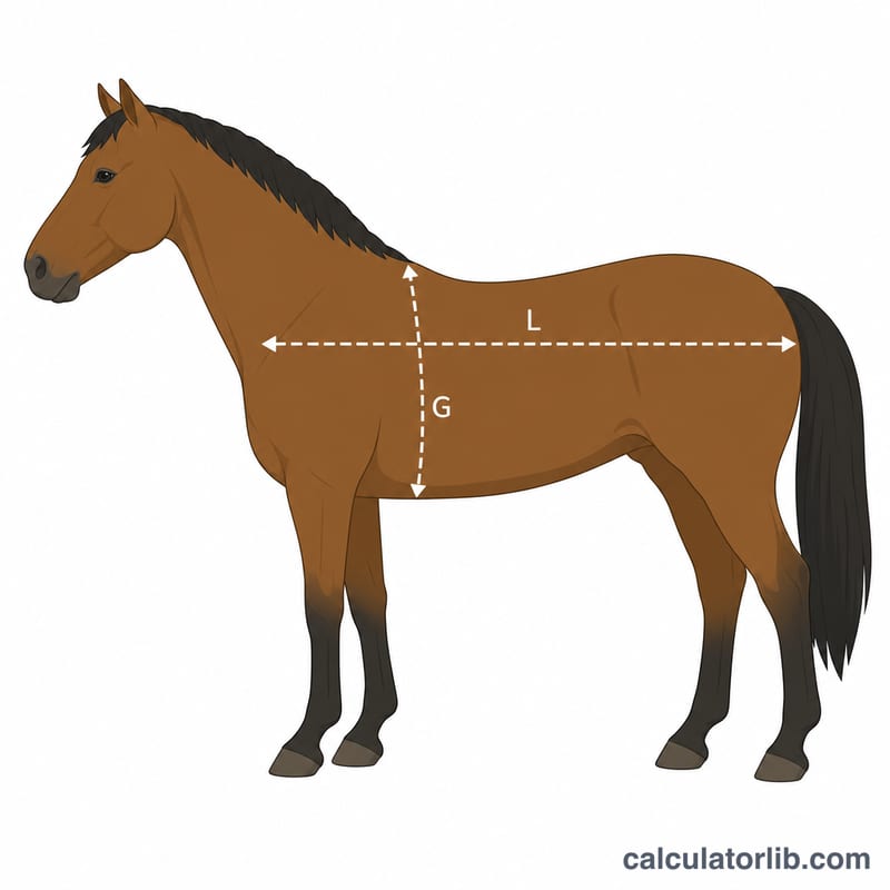 Vista lateral de un caballo que muestra las líneas de medición del perímetro torácico y el largo del cuerpo