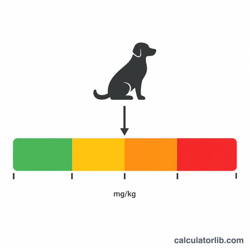 Horizontal risk scale showing increasing caffeine dose in milligrams per kilogram with colored severity zones for a dog
