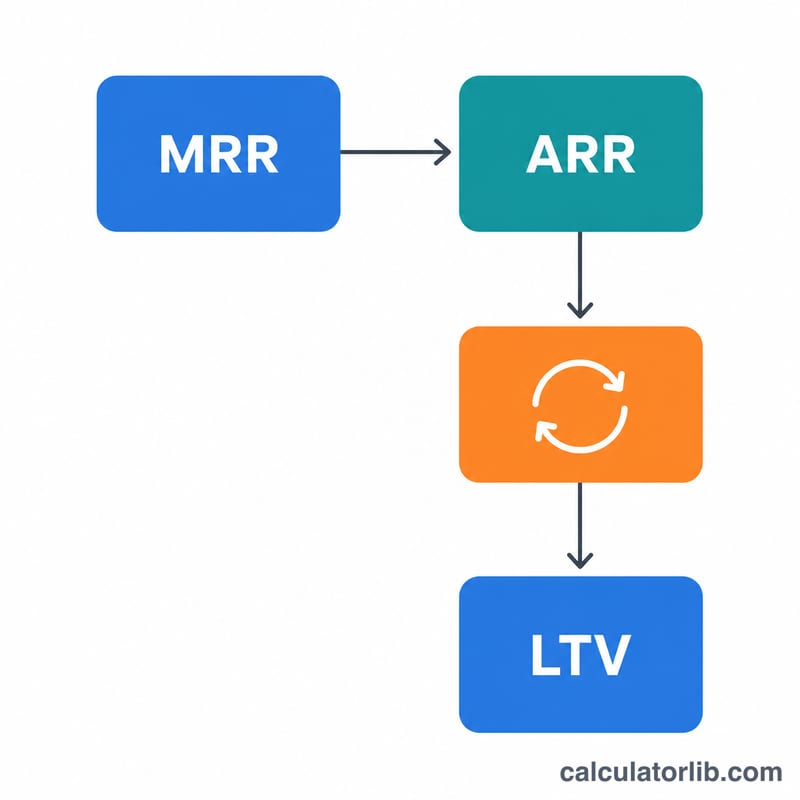 扁平化示意圖，將 MRR、ARR、流失率與 LTV 的公式呈現為相互連接的模塊