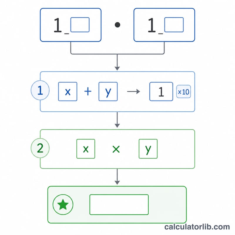 Schéma montrant les étapes de la multiplication védique à deux chiffres, des facteurs au résultat