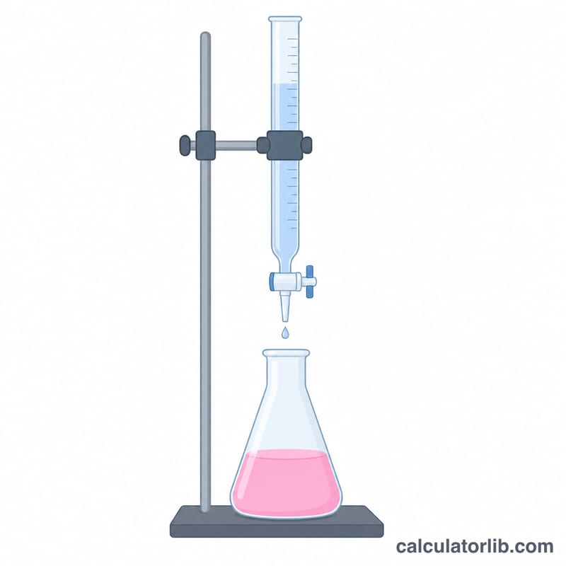 Burette dripping titrant into a flask of analyte with an indicator color change