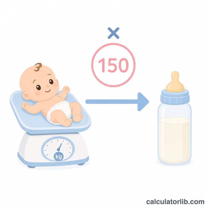 Sơ đồ minh họa cân nặng tính theo kilôgam nhân với 150 để ra lượng sữa hằng ngày tính bằng mililít