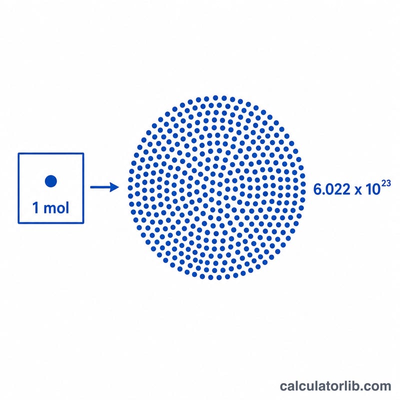One mole equals 6.022 times 10 to the 23rd particles shown as a cluster of dots