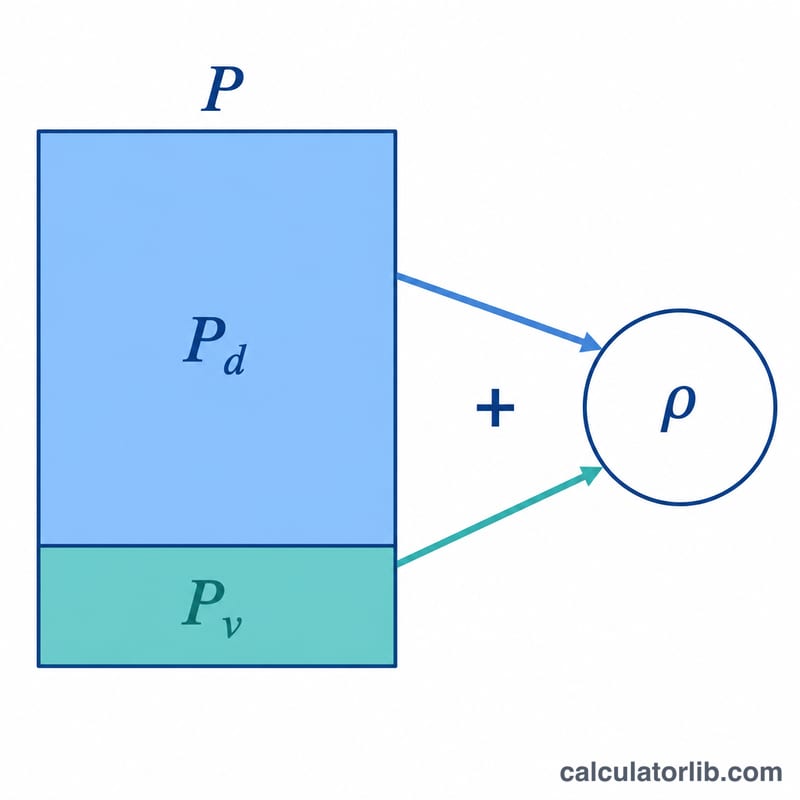 Diagram showing total air pressure split into dry air partial pressure and water vapor partial pressure, each contributing to overall air density.