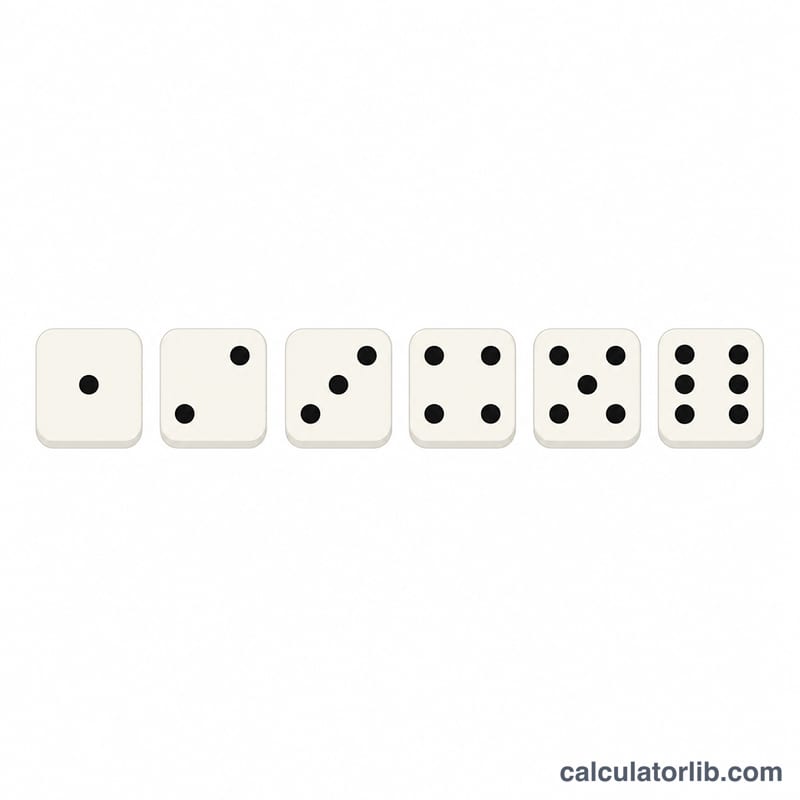 Six six-sided dice showing faces one through six