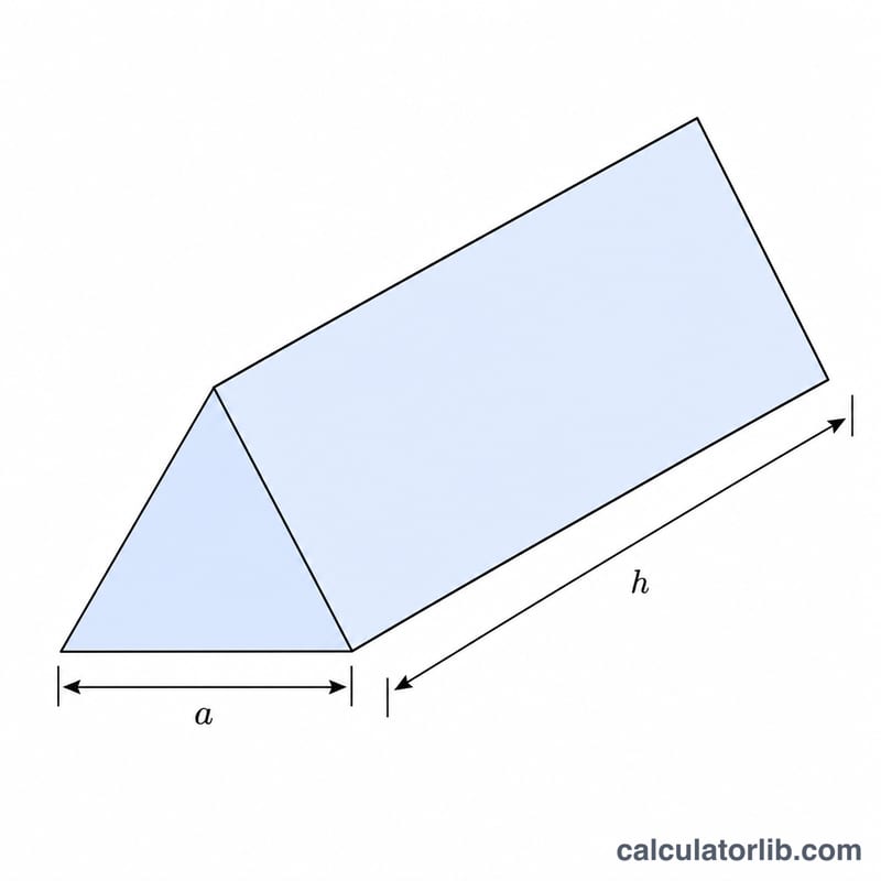 Equilateral triangular prism with base side a and prism length h labeled