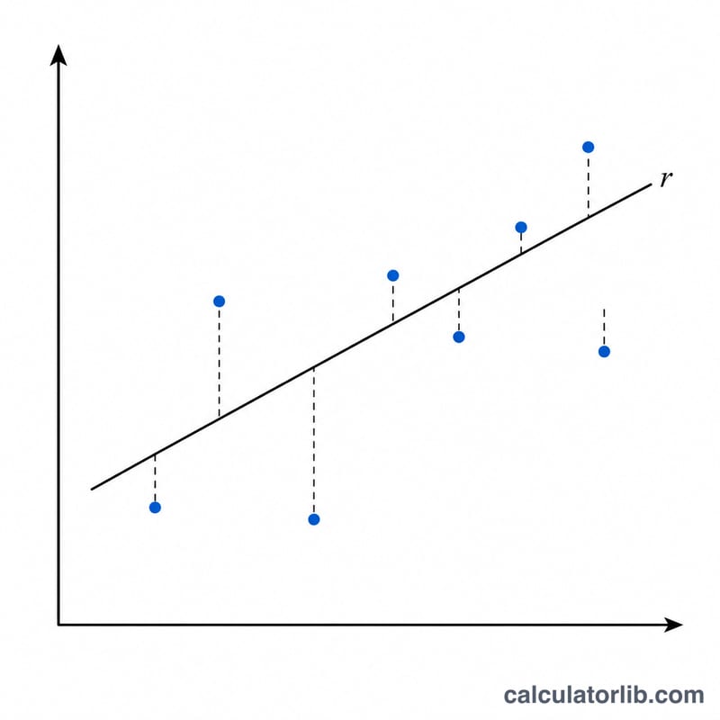 Scatter plot with regression line showing residuals as vertical gaps between points and line