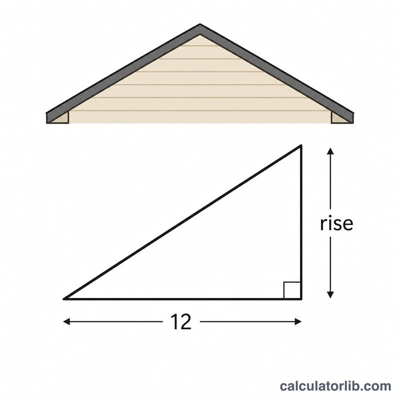 Right triangle showing roof rise over run of 12 forming the sloped surface