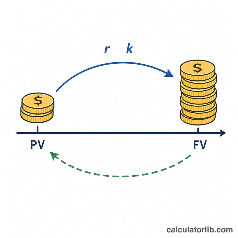 Diagram showing a smaller present value amount today growing to a larger future value over time under compound interest