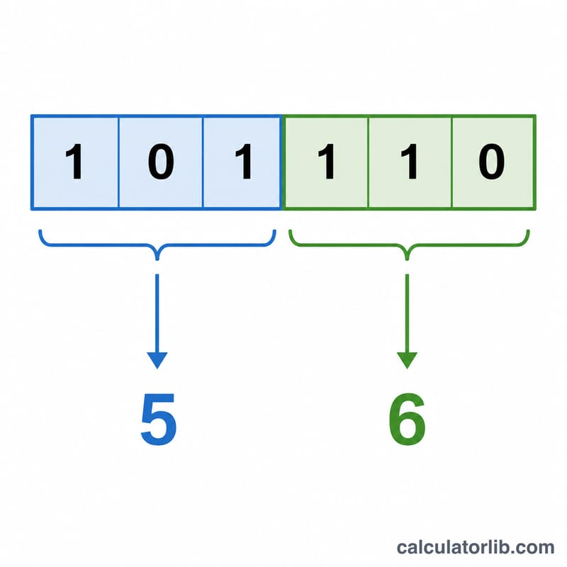 Binary digits grouped into sets of three from right, each group mapped to one octal digit