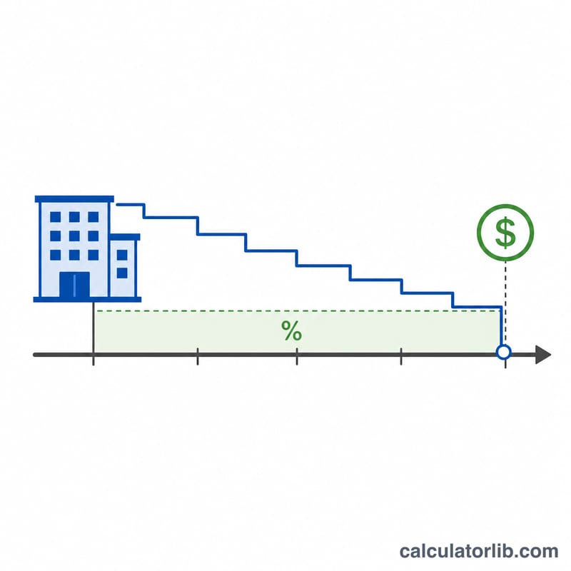 Diagram showing property value reduced by accumulated depreciation over time, with a recaptured portion taxed at sale