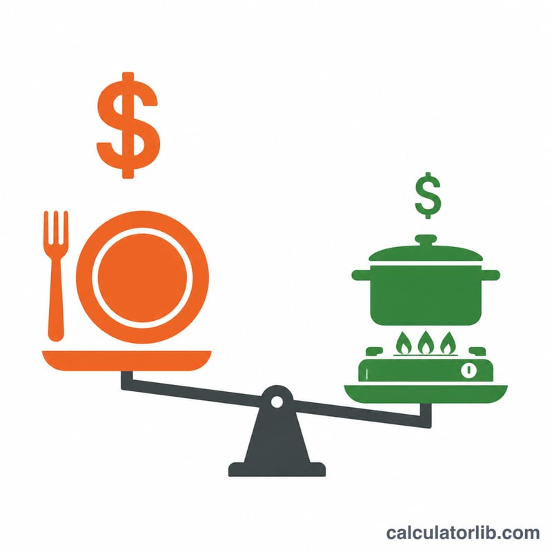 Comparison of restaurant meal cost versus home cooking cost on a balance scale