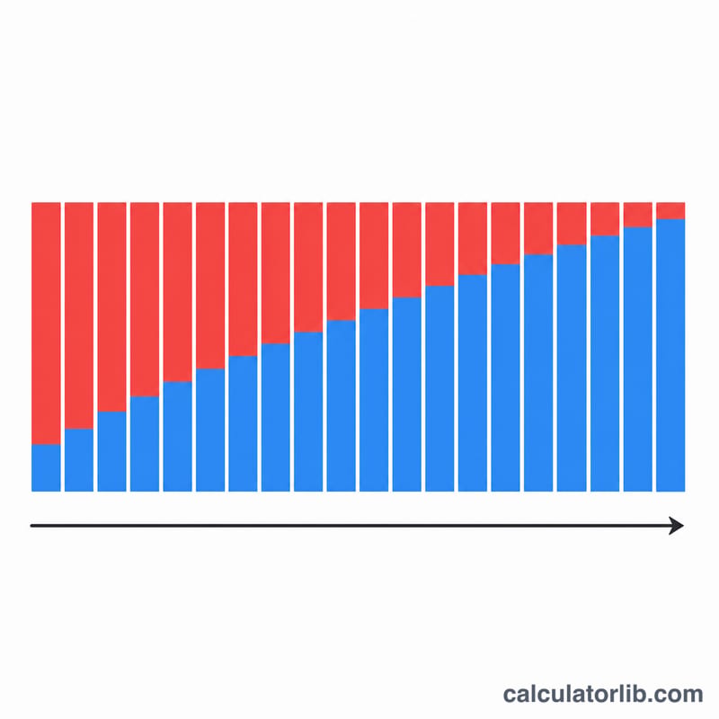 Stacked bar showing equal payments split into shrinking interest and growing principal over time