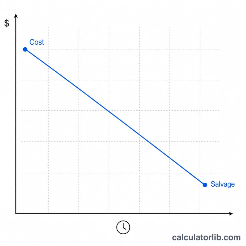 Horizontal line graph of asset book value declining at a constant rate from cost to salvage value over time