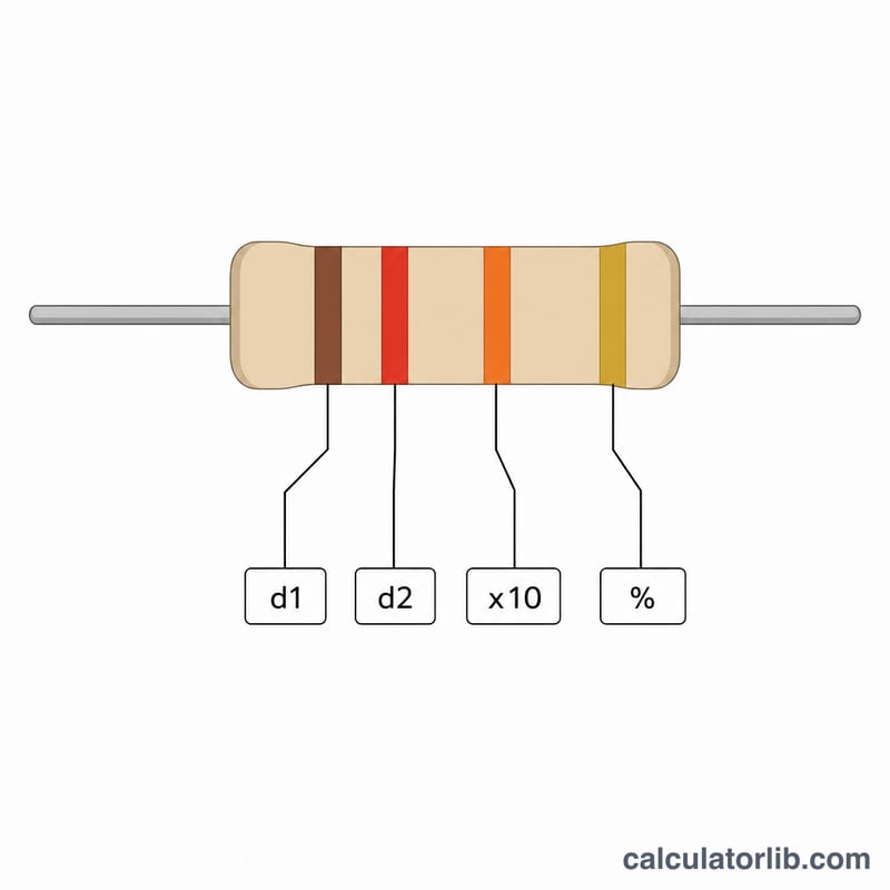 Điện trở 4 vạch với các vị trí vạch màu được chú thích