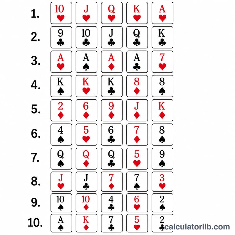 Chart of ten poker hands ranked strongest to weakest
