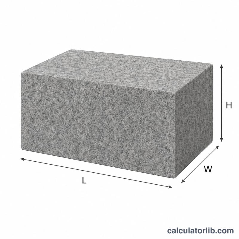 Rectangular stone block showing length, width and height dimensions