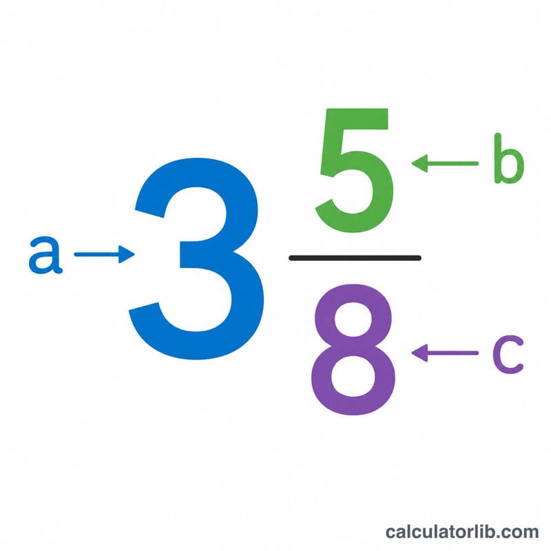Mixed number broken into its whole, numerator, and denominator parts