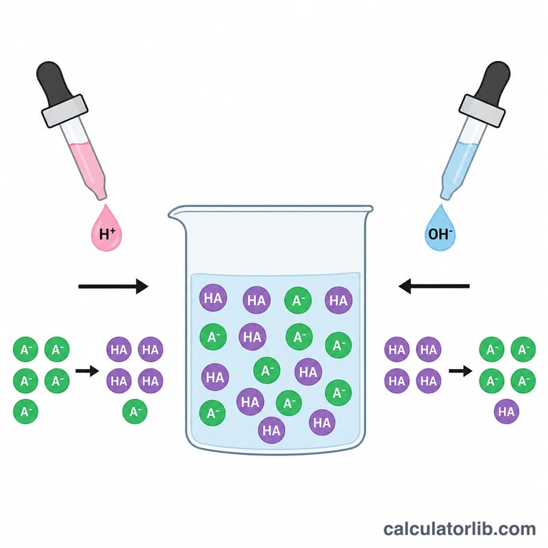 Buffer beaker showing how added H+ shifts A- to HA and added OH- shifts HA to A-
