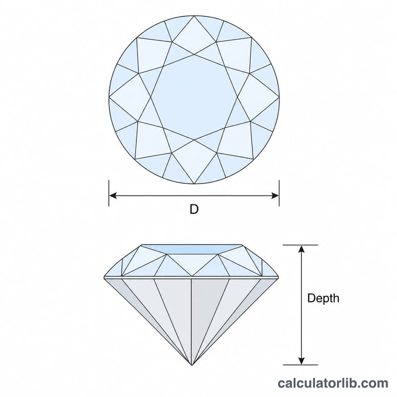 Round brilliant diamond showing diameter D and depth measurements