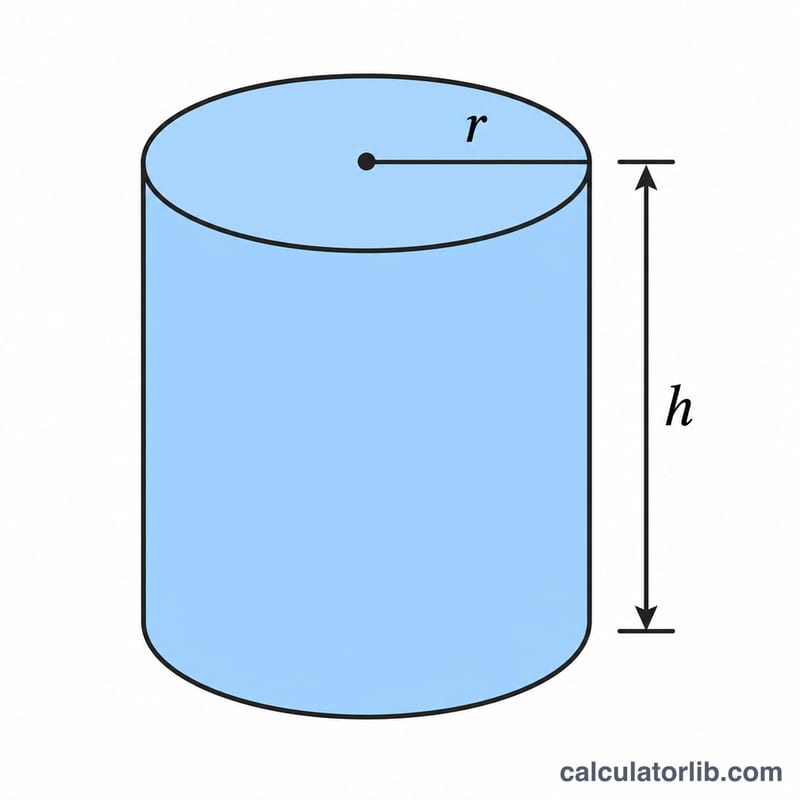 Cylinder diagram showing radius r and height h with the volume formula