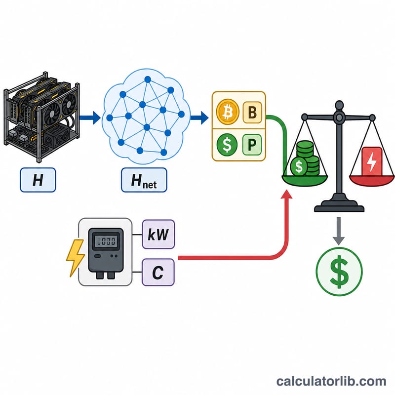 Flow diagram of mining revenue from hashrate share minus electricity cost equals profit