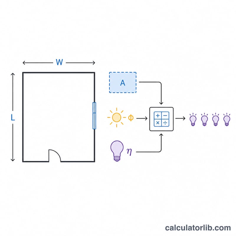 Sơ đồ thể hiện diện tích phòng nhân với mức độ sáng và chia cho lumen của bóng đèn để ra số bóng đèn