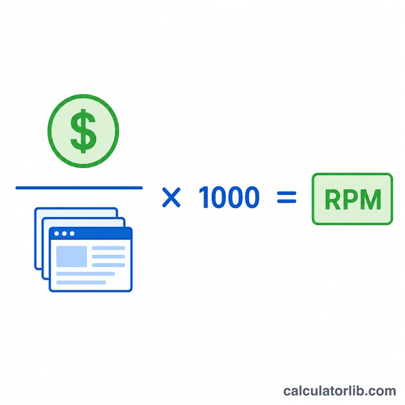 Diagram showing total earnings divided by pageviews times 1000 equals RPM