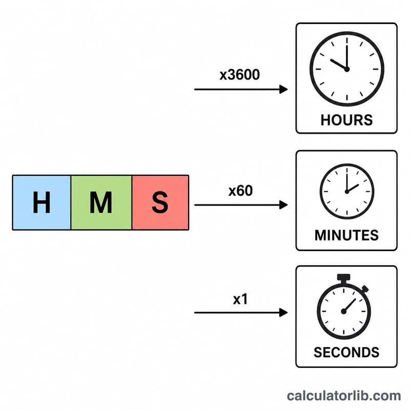 Schéma convertissant les segments HH:MM:SS en heures, minutes et secondes totales