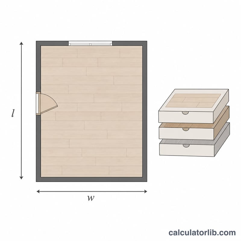 Plan rectangulaire d'une pièce avec étiquettes de longueur et de largeur et une petite pile de boîtes de revêtement