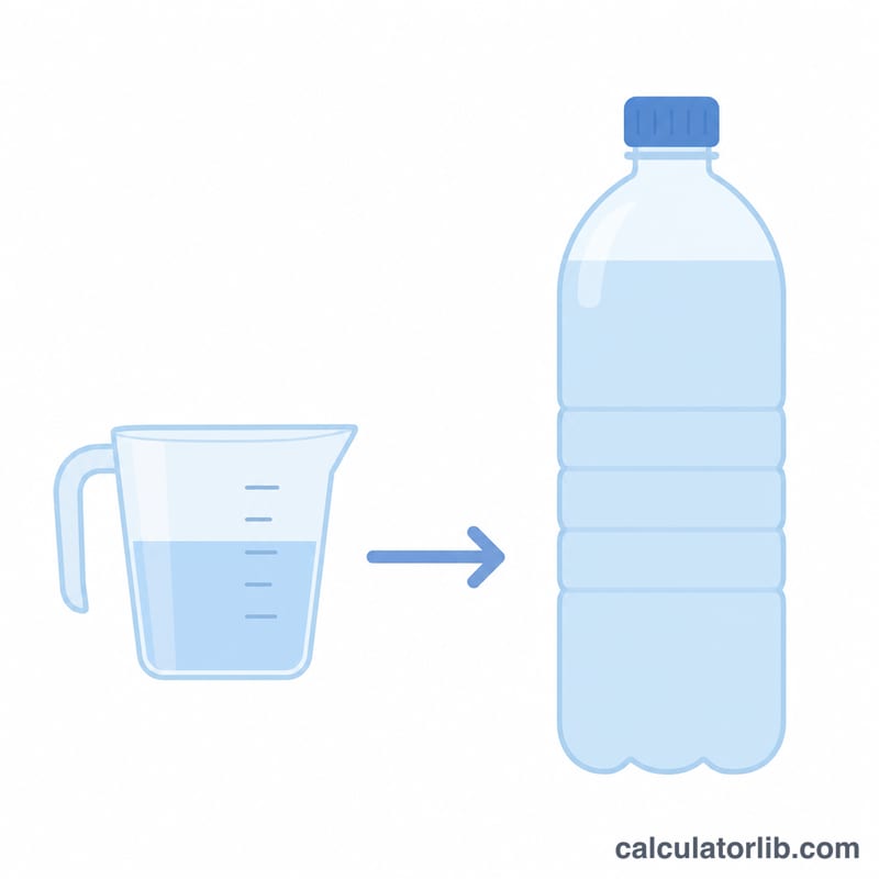 A measuring cup with an arrow pointing to a liter bottle