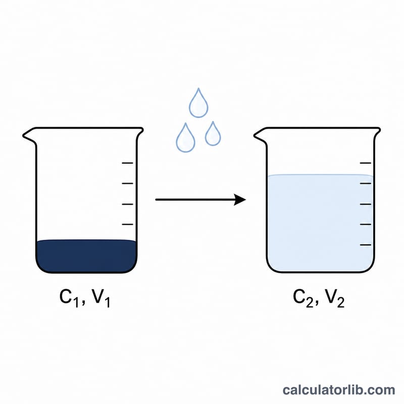 Two beakers showing dilution: a small volume of concentrated solution mixed with solvent to make a larger, lighter-colored volume
