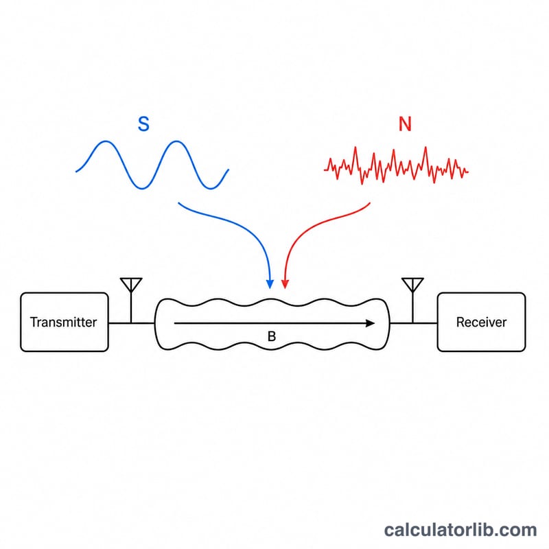 Channel diagram showing signal, noise and bandwidth flowing from transmitter to receiver
