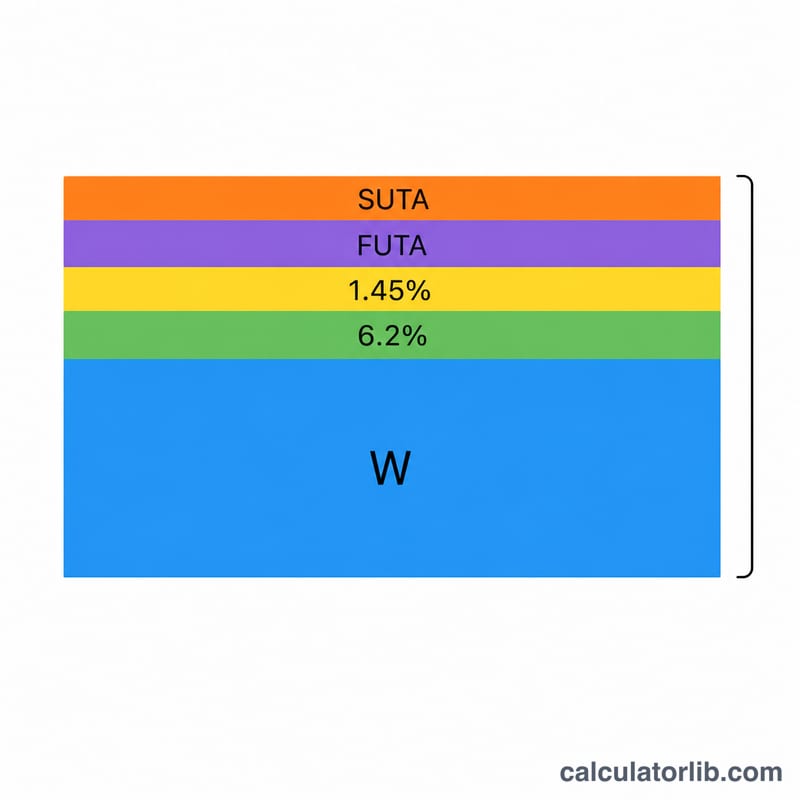 Stacked bar showing gross wages plus Social Security, Medicare, FUTA and SUTA building total employer cost