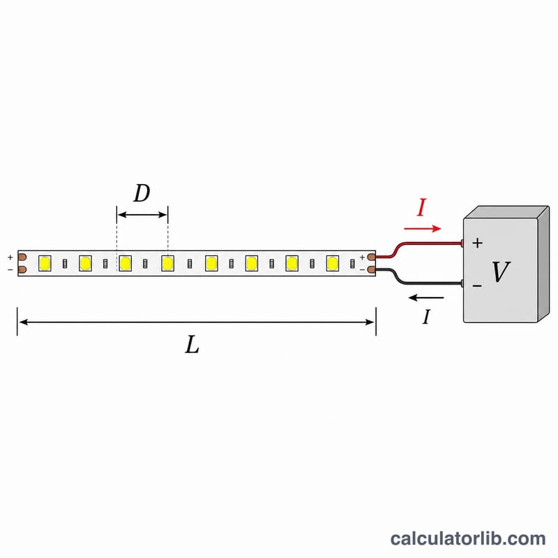 Sơ đồ dải LED thể hiện chiều dài, mật độ LED trên mỗi mét và dòng điện đến nguồn cấp