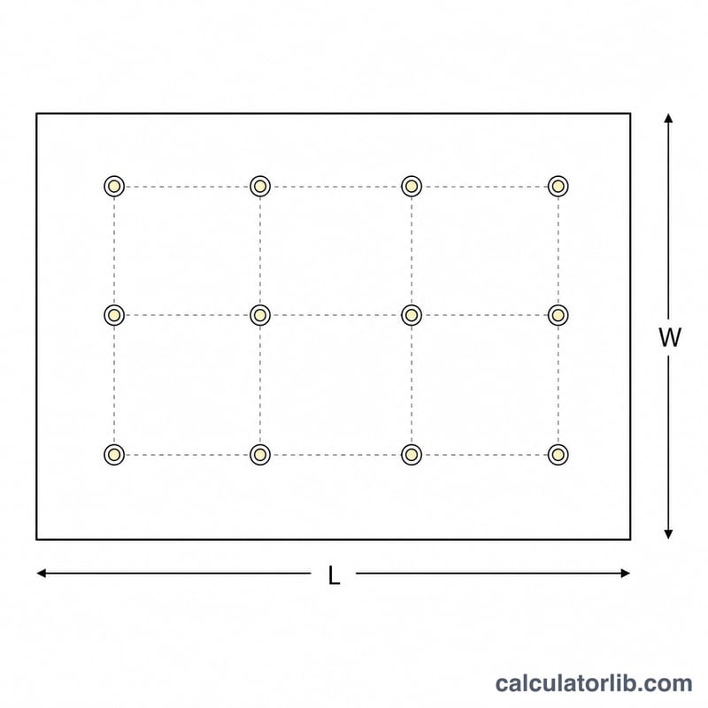 Top-down view of a rectangular room ceiling with recessed lights in an evenly spaced grid