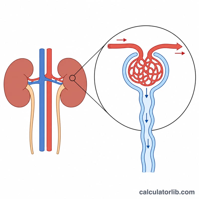 Diagram of kidneys and a nephron with glomerulus filtering blood