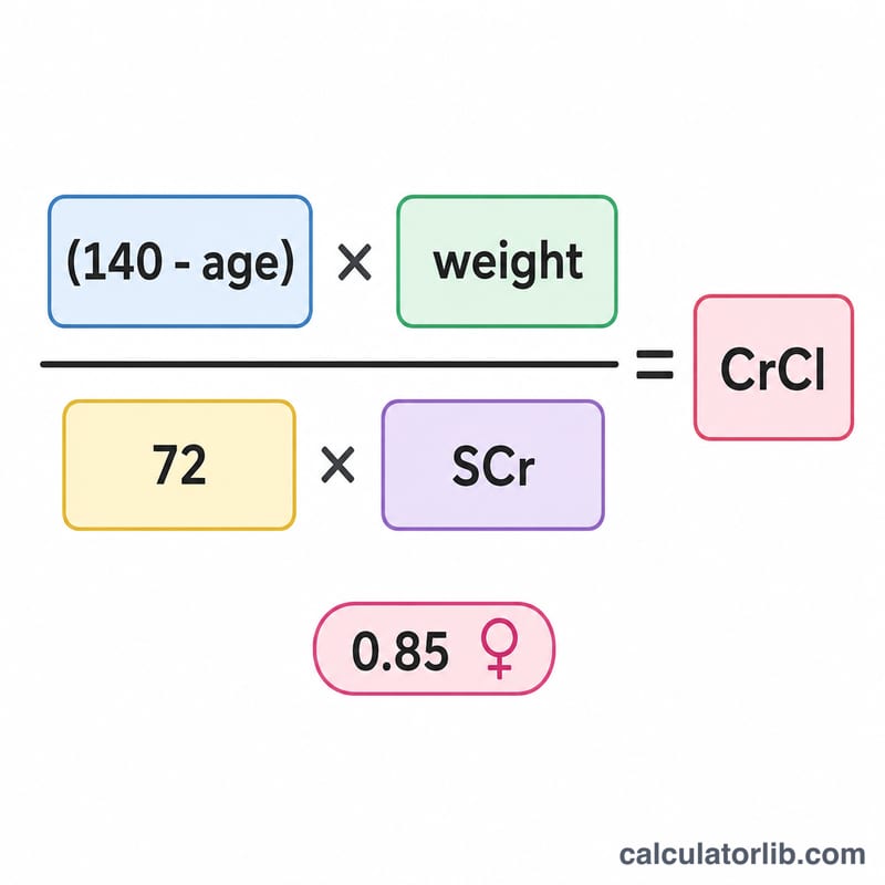 Sơ đồ công thức Cockcroft-Gault với các biến được gắn nhãn cho tuổi, cân nặng, creatinin huyết thanh và hệ số giới tính