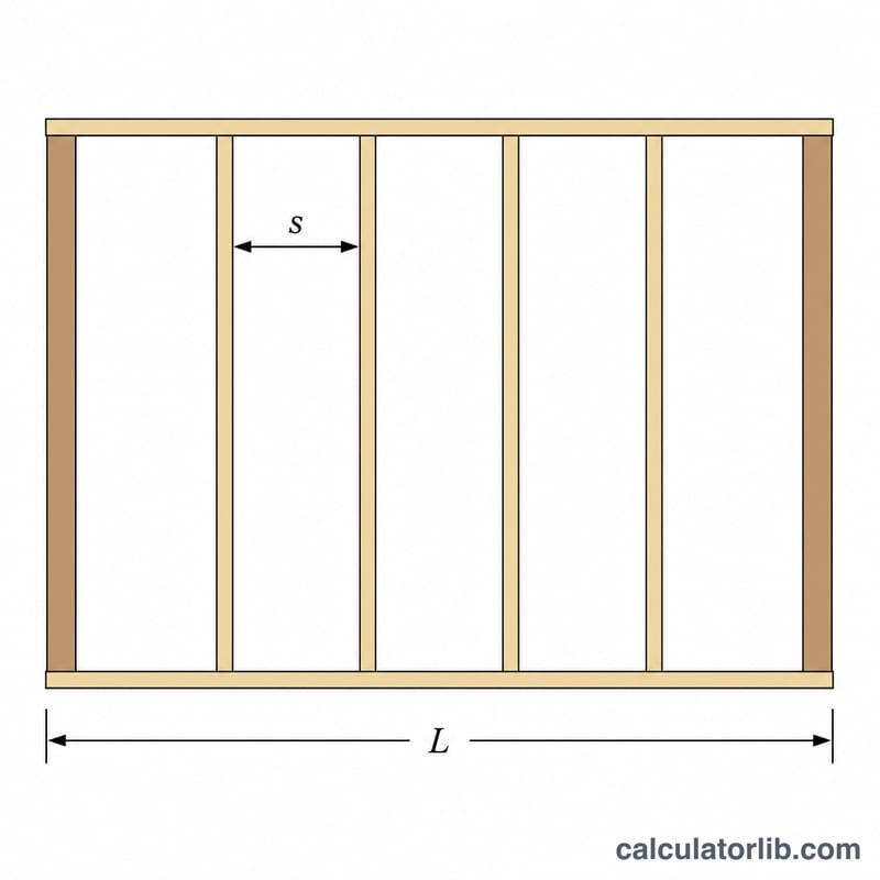 Wall frame elevation showing evenly spaced vertical studs between top and bottom plates with spacing s and length L