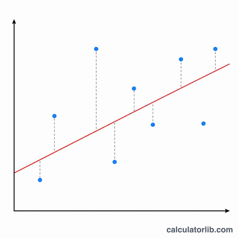 Scatter plot of data points with a regression line and vertical residual segments between points and line