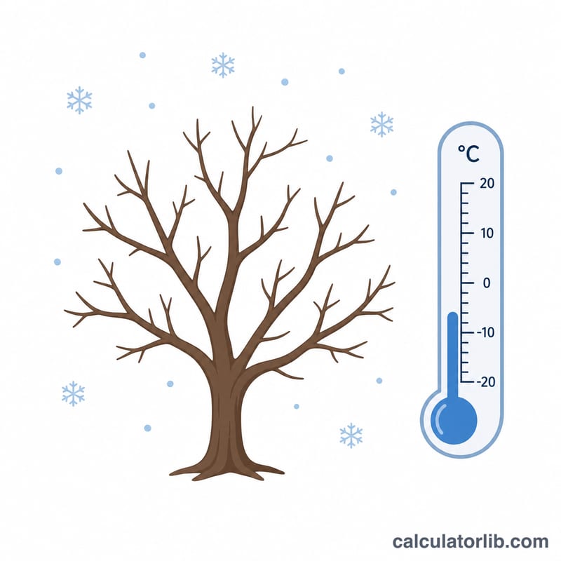 Bare dormant fruit tree in winter with falling snow and a thermometer