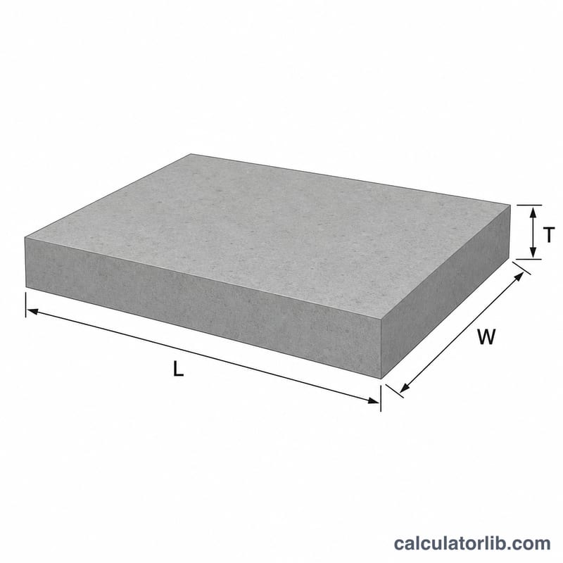 Concrete slab box with length, width and thickness dimensions labeled